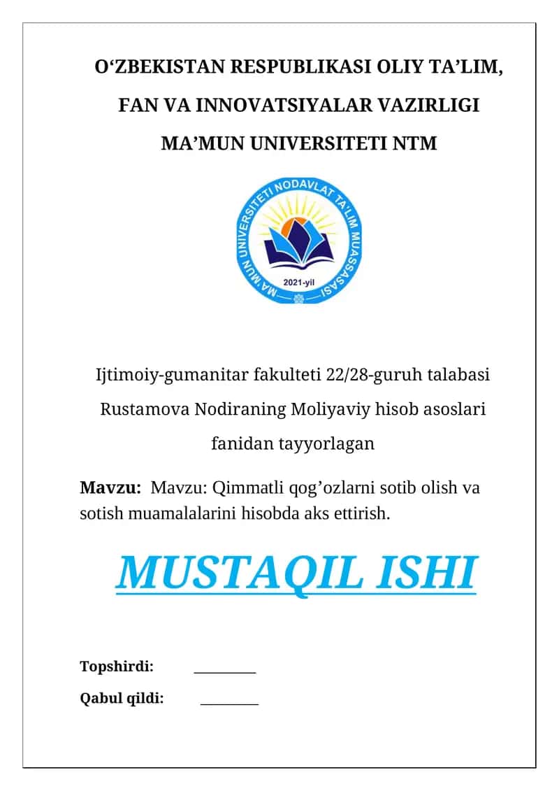 Qimmatli qog’ozlarni sotib olish va sotish muamalalarini hisobda aks ettirish