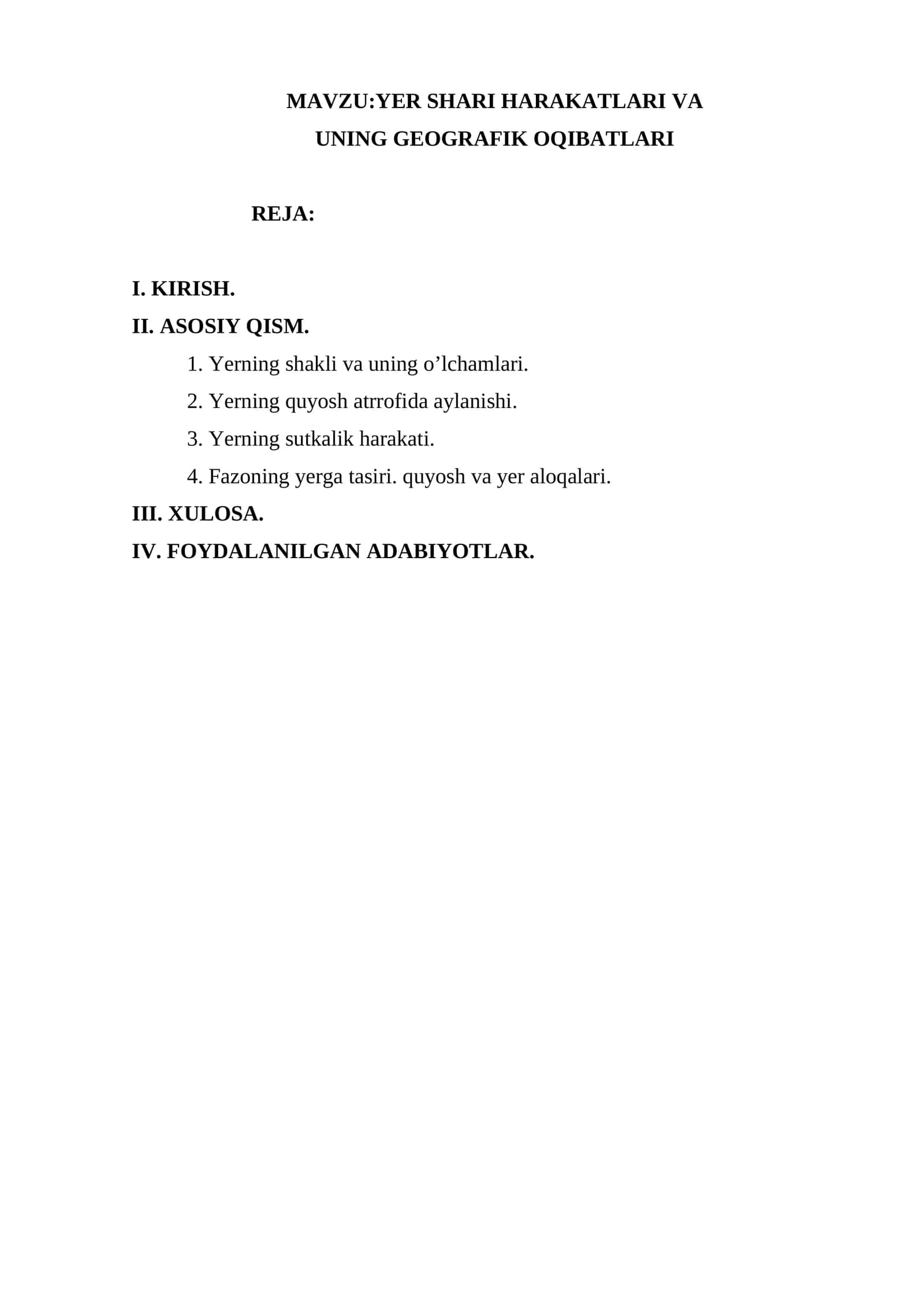YER SHARI HARAKATLARI VA UNING GEOGRAFIK OQIBATLARI