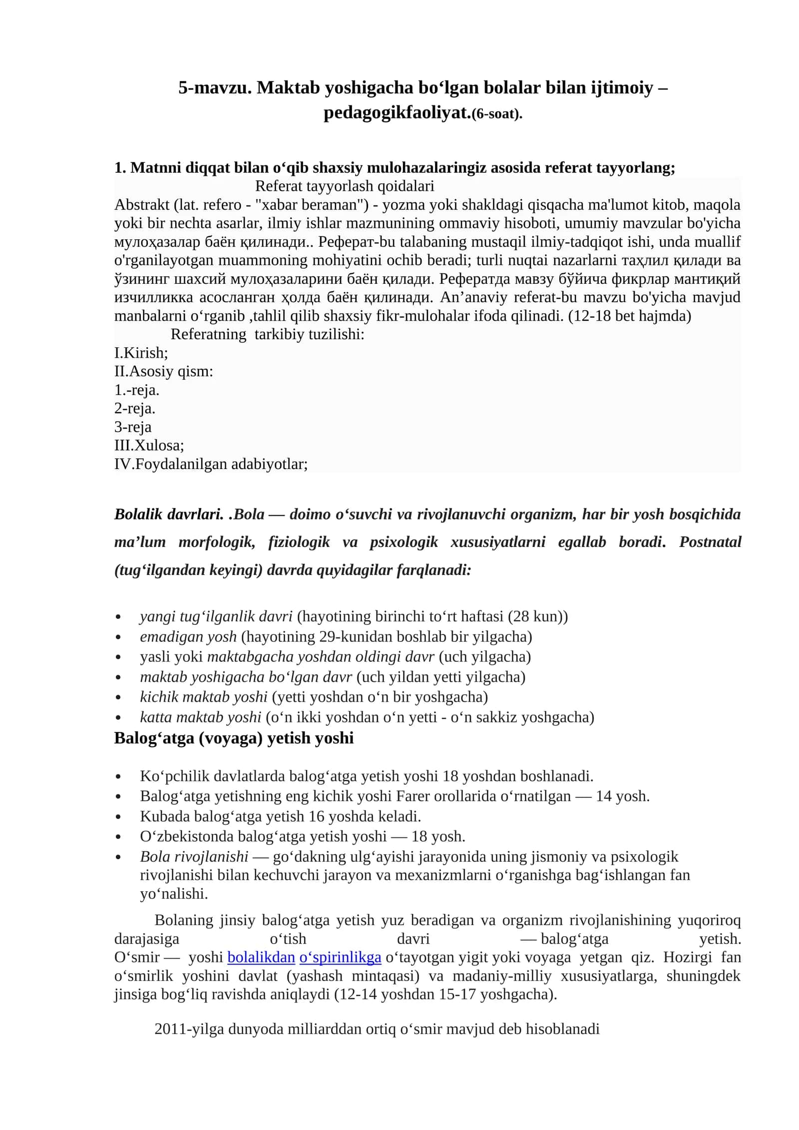 5-mavzu. Maktab yoshigacha bo‘lgan bolalar bilan ijtimoiy – pedagogikfaoliyat.(6-soat)