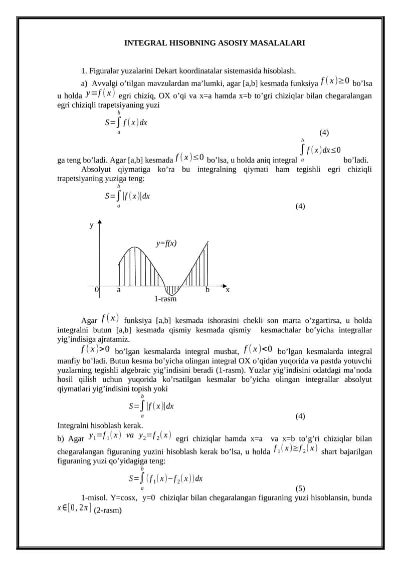 INTEGRAL HISOBNING ASOSIY MASALALARI