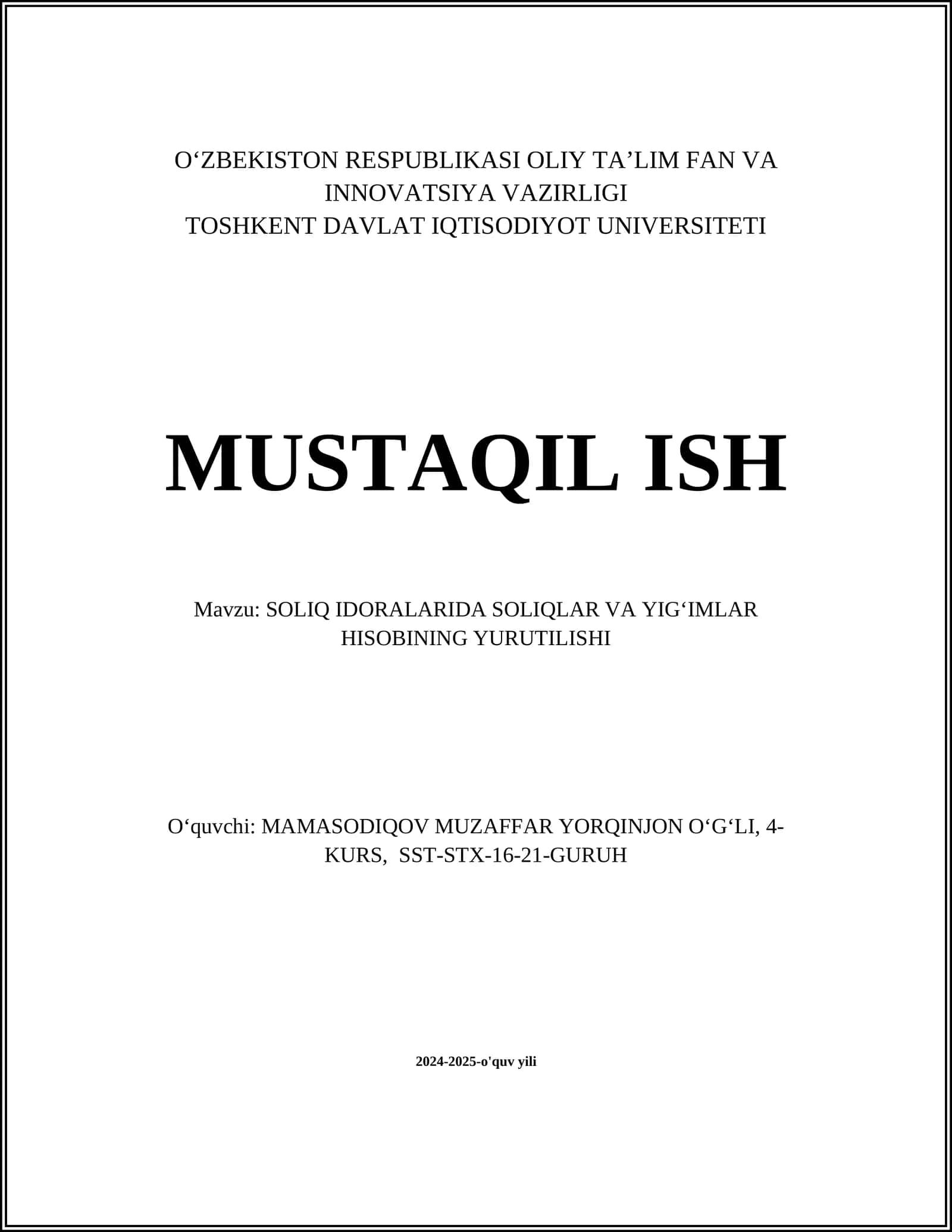 SOLIQ IDORALARIDA SOLIQLAR VA YIGʻIMLAR HISOBINING YURUTILISHI
