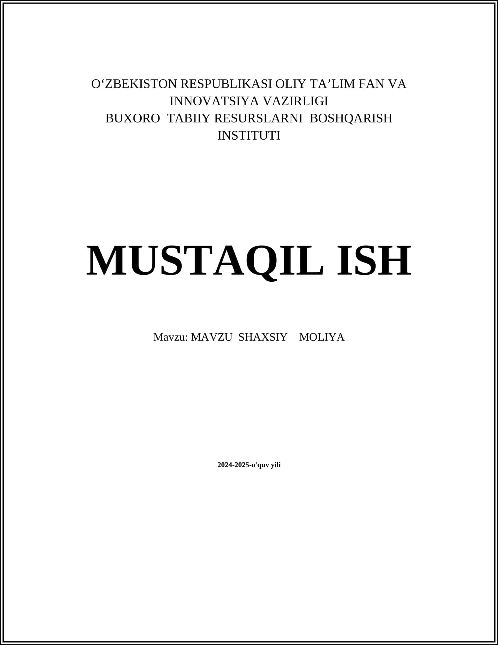SHAXSIY MOLIYA
