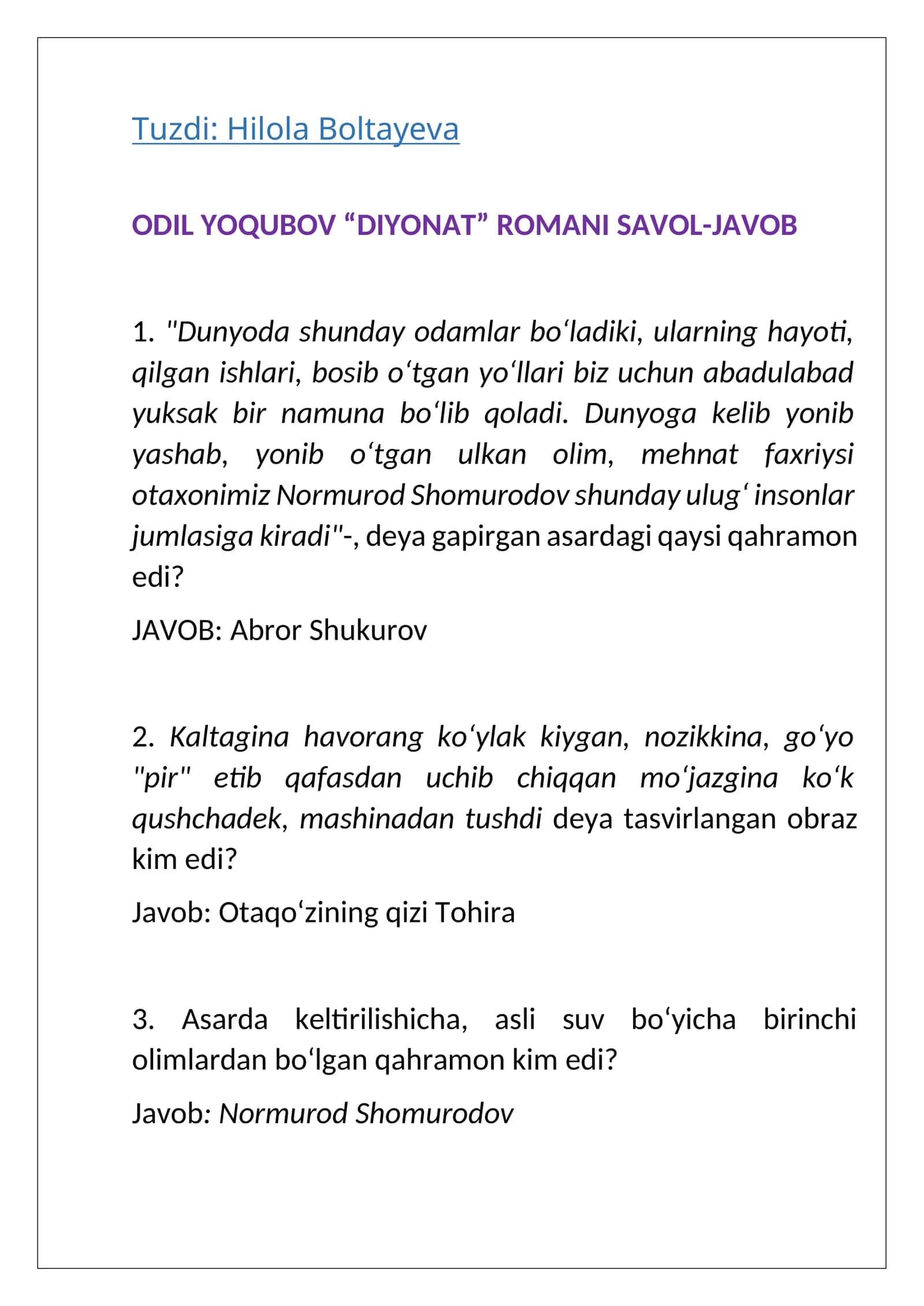 ODIL YOQUBOV “DIYONAT” ROMANI SAVOL-JAVOB
