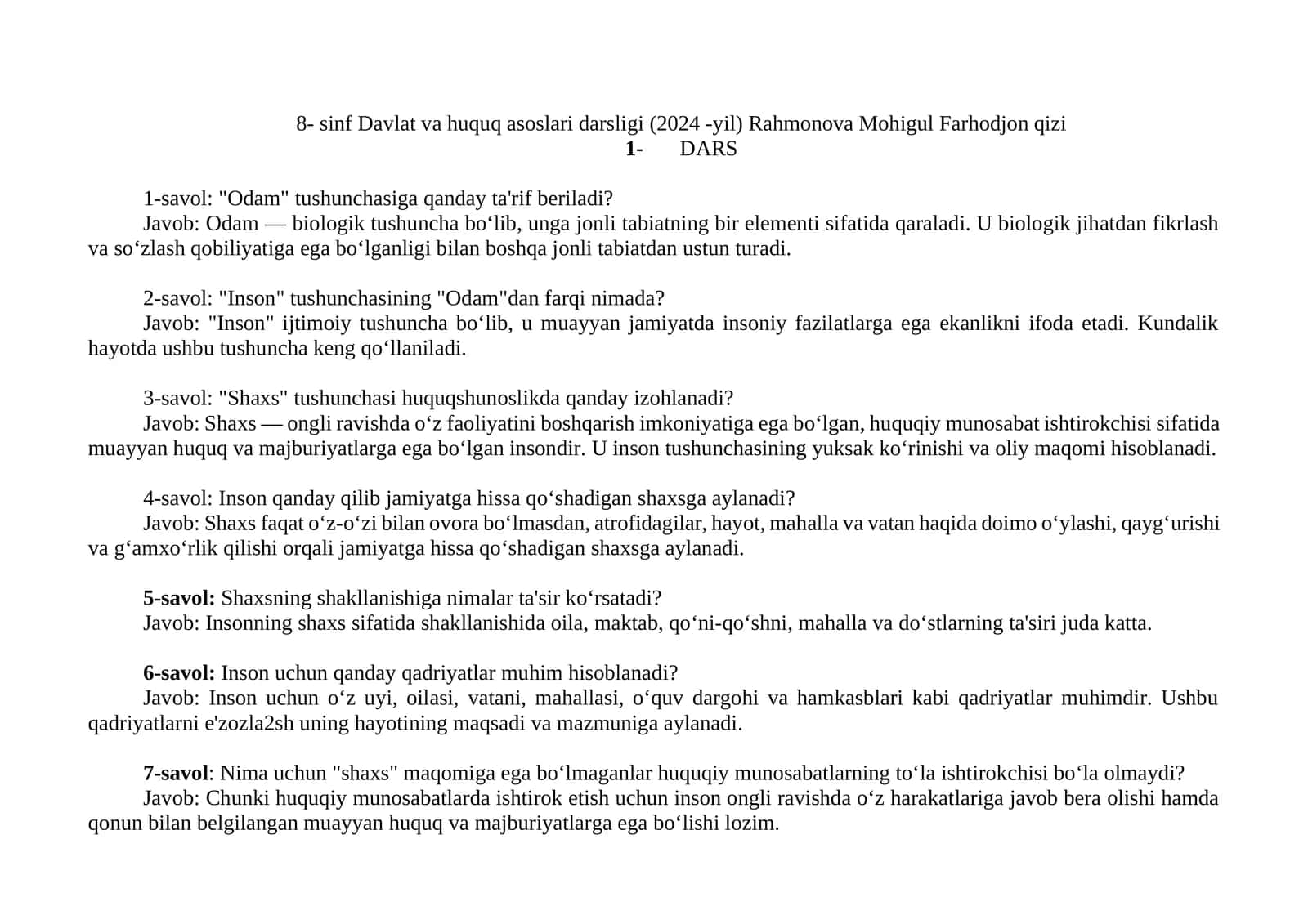 8- sinf Davlat va huquq asoslari darsligi (2024 -yil) Rahmonova Mohigul Farhodjon qizi