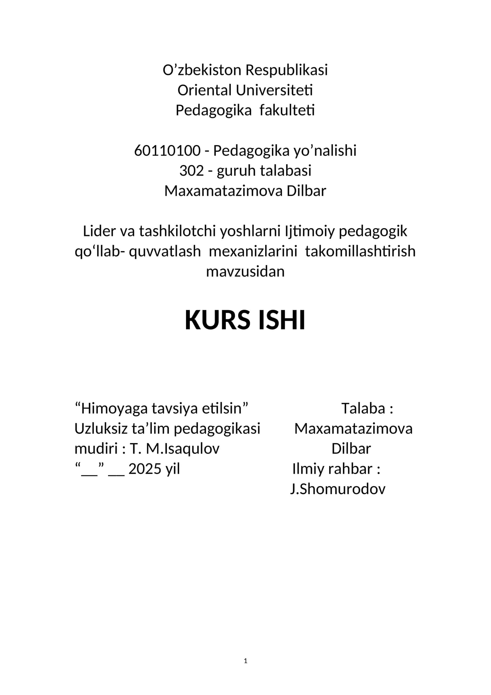 Lider va tashkilotchi yoshlarni Ijtimoiy pedagogik qo’l quvvatlash mexanizlarini takomillashtirish
