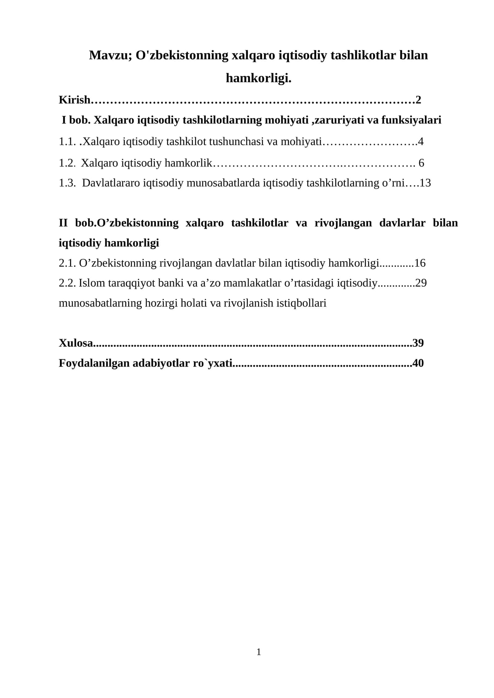 O'zbekistonning xalqaro iqtisodiy tashlikotlar bilan hamkorligi