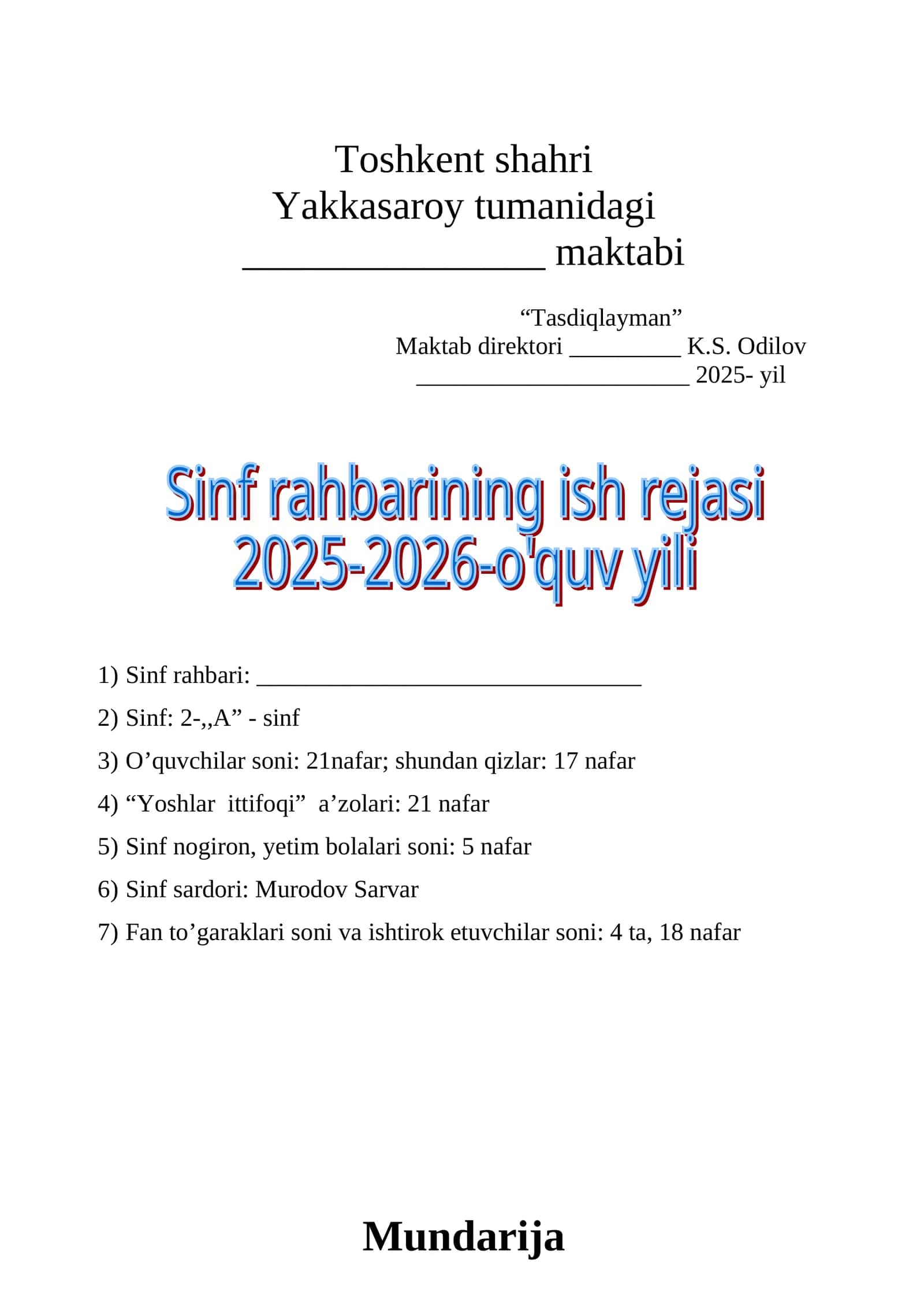 Sinf rahbari ish rejalari (NAMUNA)