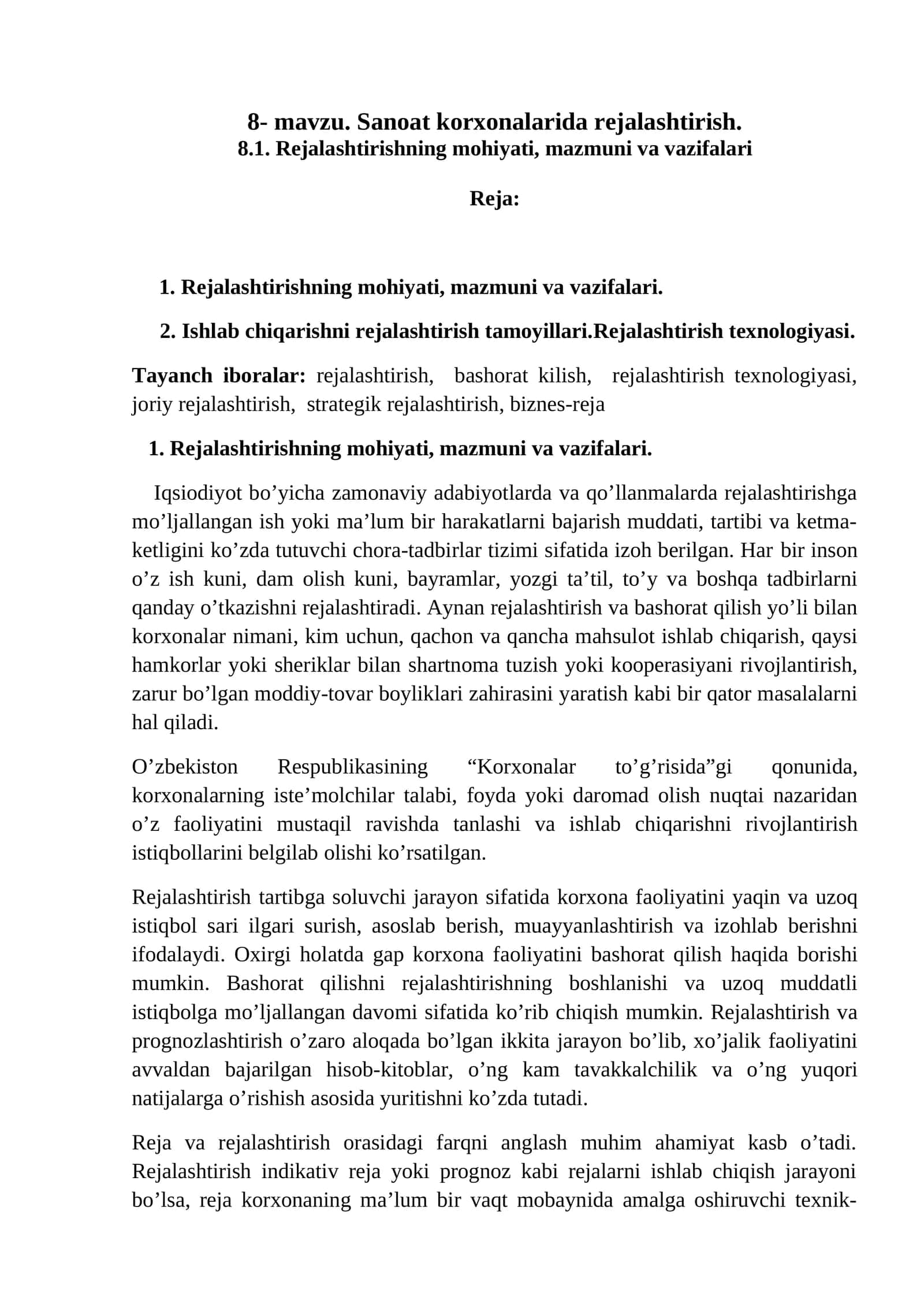 8-mavzu. Sanoat korxonalarida rejalashtirish
