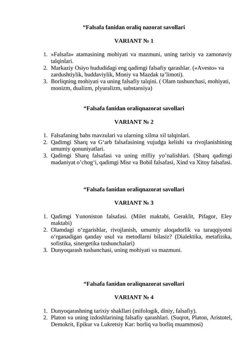 Falsafa fanidan oraliq nazorat savollari VARIANT № 4