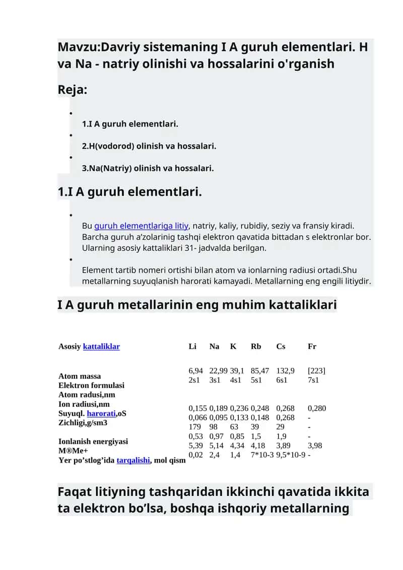 Davriy sistemaning I A guruh elementlari. H va Na - natriy olinishi va hossalarini o'rganish