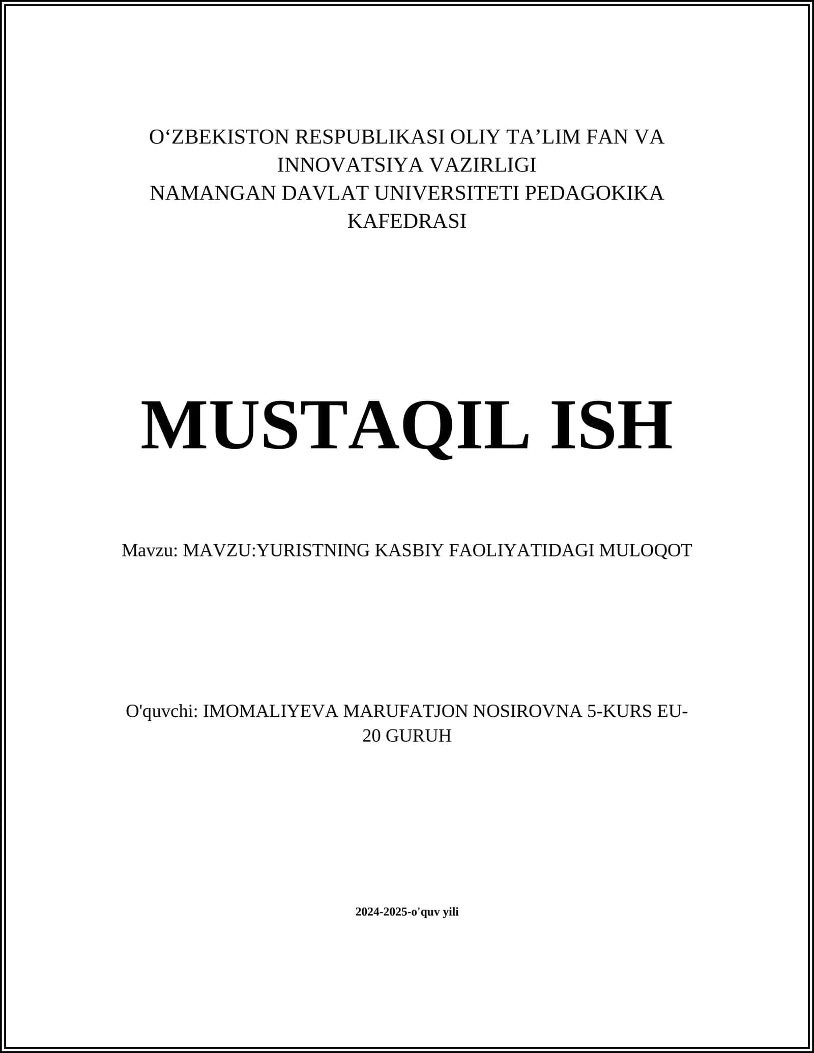 YURISTNING KASBIY FAOLIYATIDAGI MULOQOT