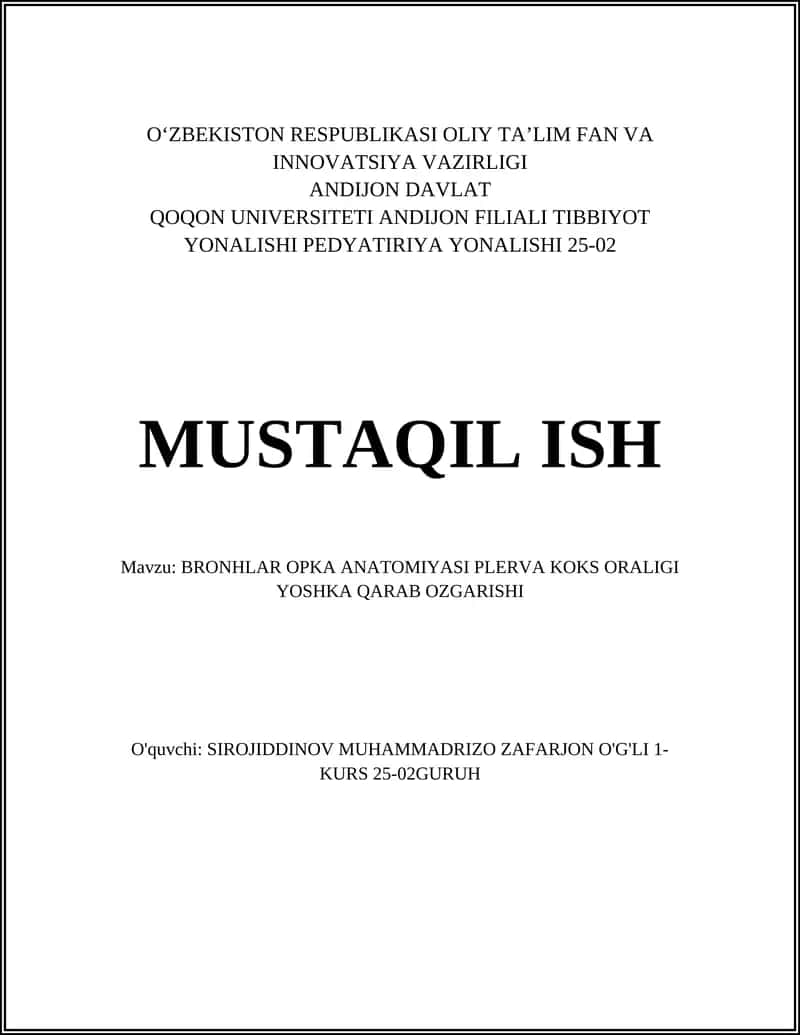 BRONHLAR OPKA ANATOMIYASI PLERVA KOKS ORALIGI YOSHKA QARAB OZGARISHI