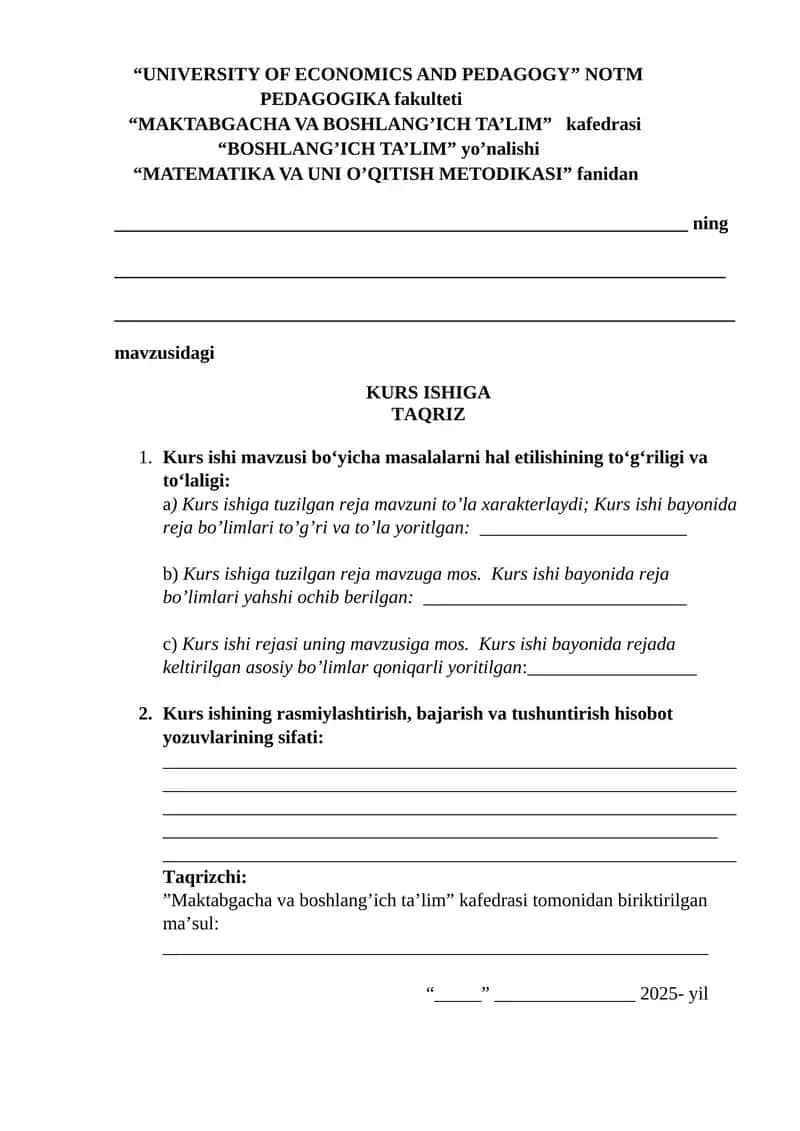 MATEMATIKA VA UNI O’QITISH METODIKASI