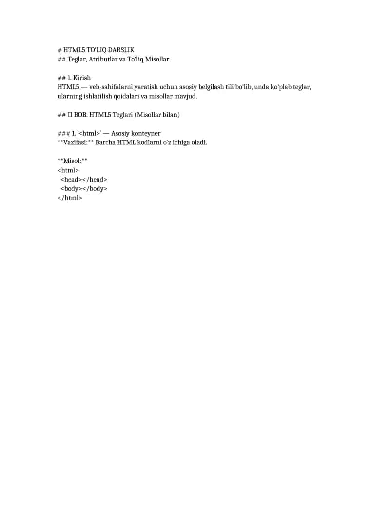 HTML5 TO‘LIQ DARSLIK