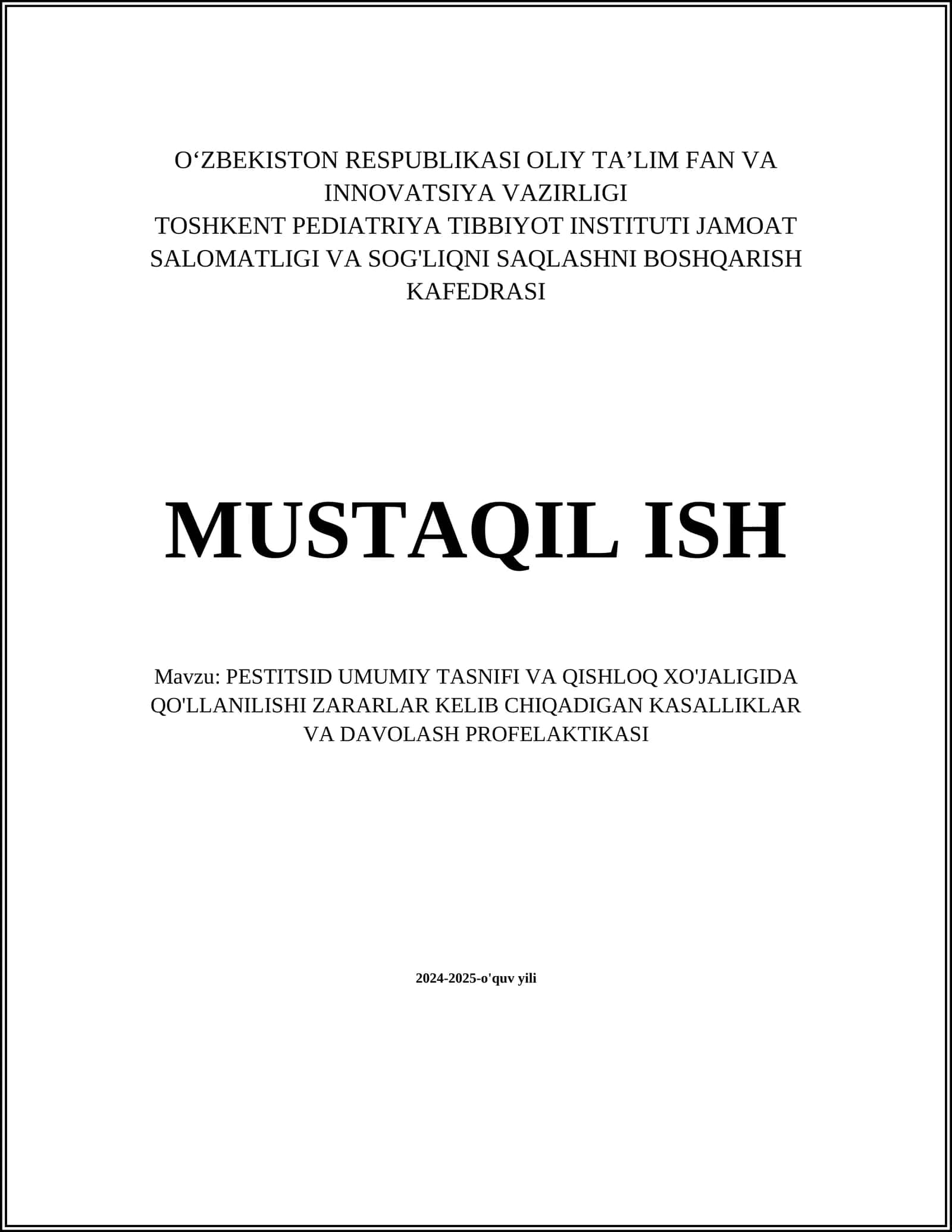 PESTITSID UMUMIY TASNIFI VA QISHLOQ XO'JALIGIDA QO'LLANILISHI ZARARLAR KELIB CHIQADIGAN KASALLIKLAR VA DAVOLASH PROFELAKTIKASI