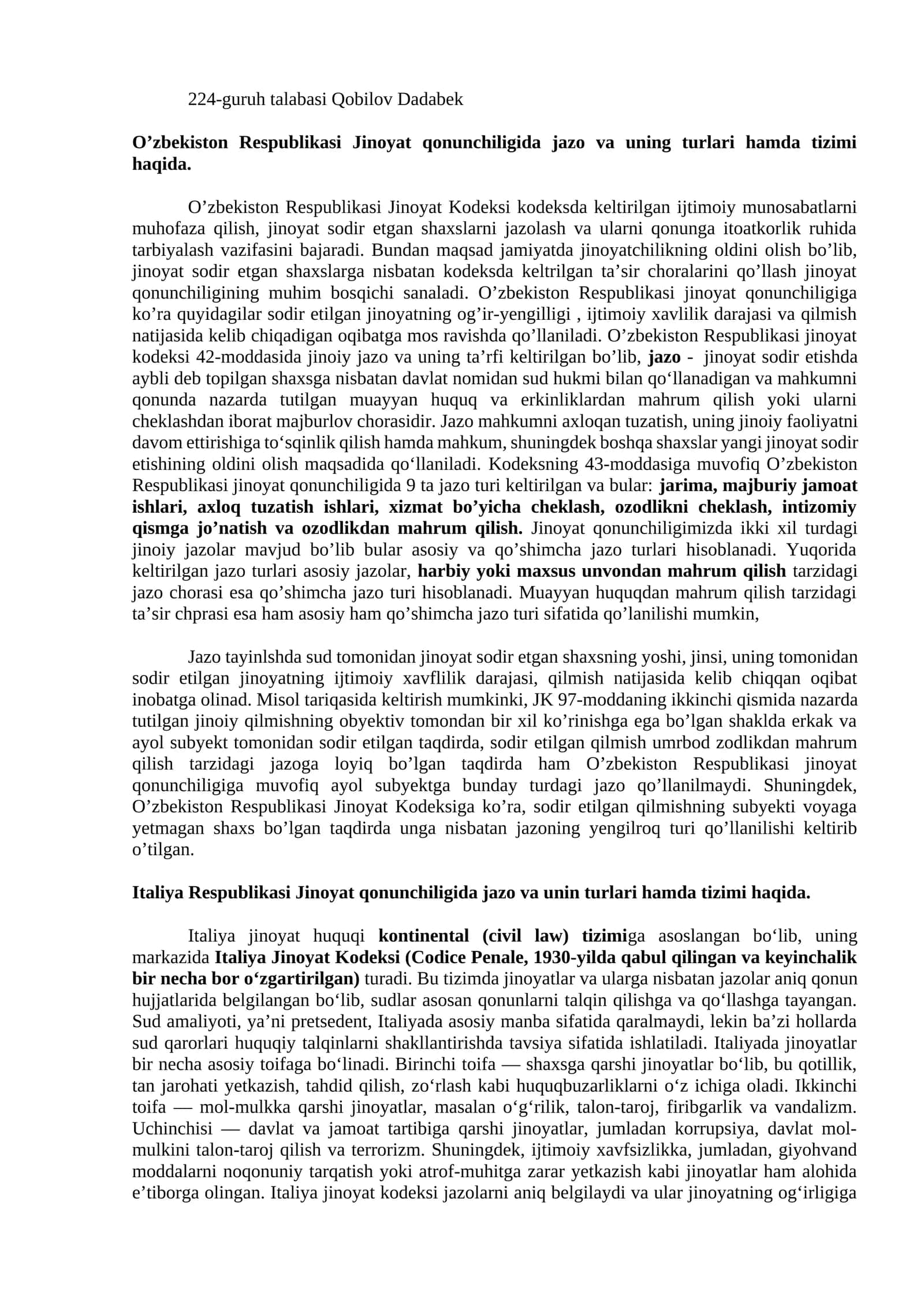 O’zbekiston Respublikasi Jinoyat Qonuniga oid jinoyat jazo va uning turlari