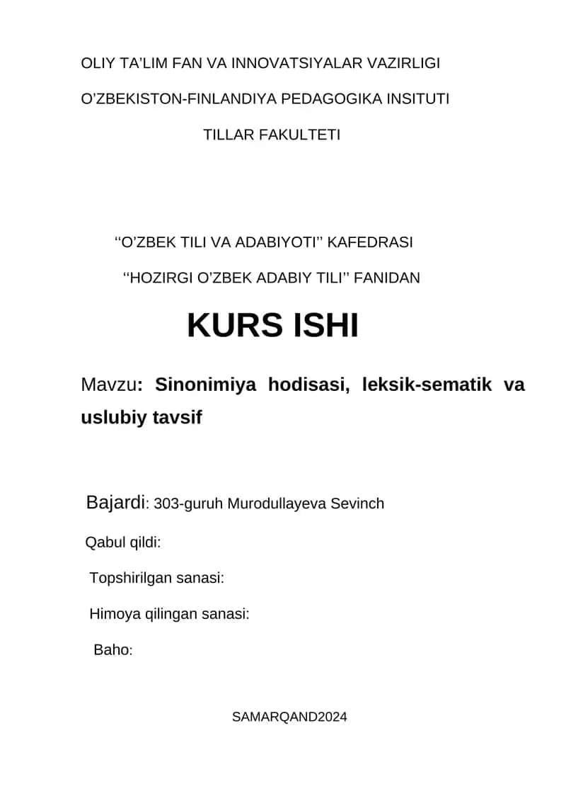 O'zbek tili va adabiyoti kurs ishi