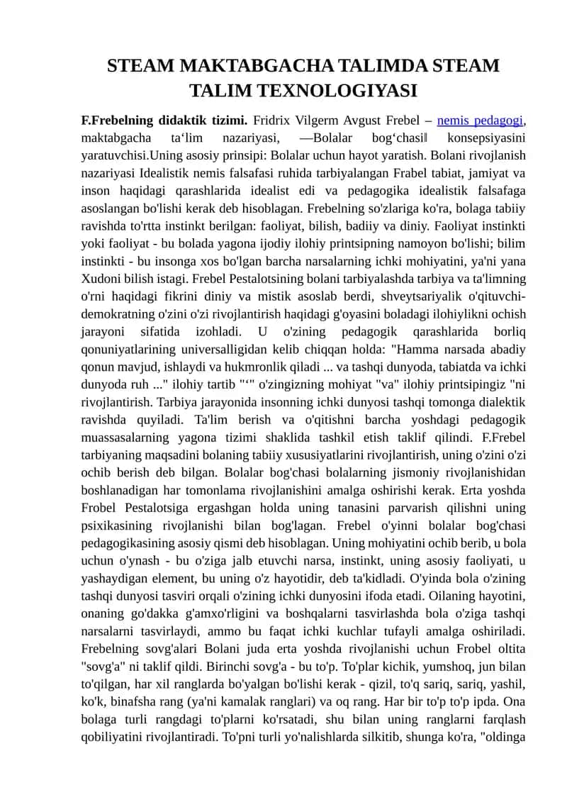 STEAM MAKTABGACHA TALIMDA STEAM TALIM TEXNOLOGIYASI