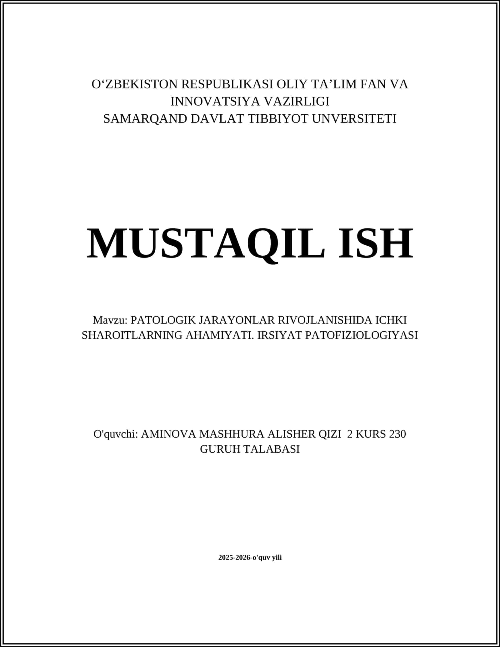 PATOLOGIK JARAYONLAR RIVOJLANISHIDA ICHKI SHAROITLARNING AHAMIYATI. IRSIYAT PATOFIZIOLOGIYASI
