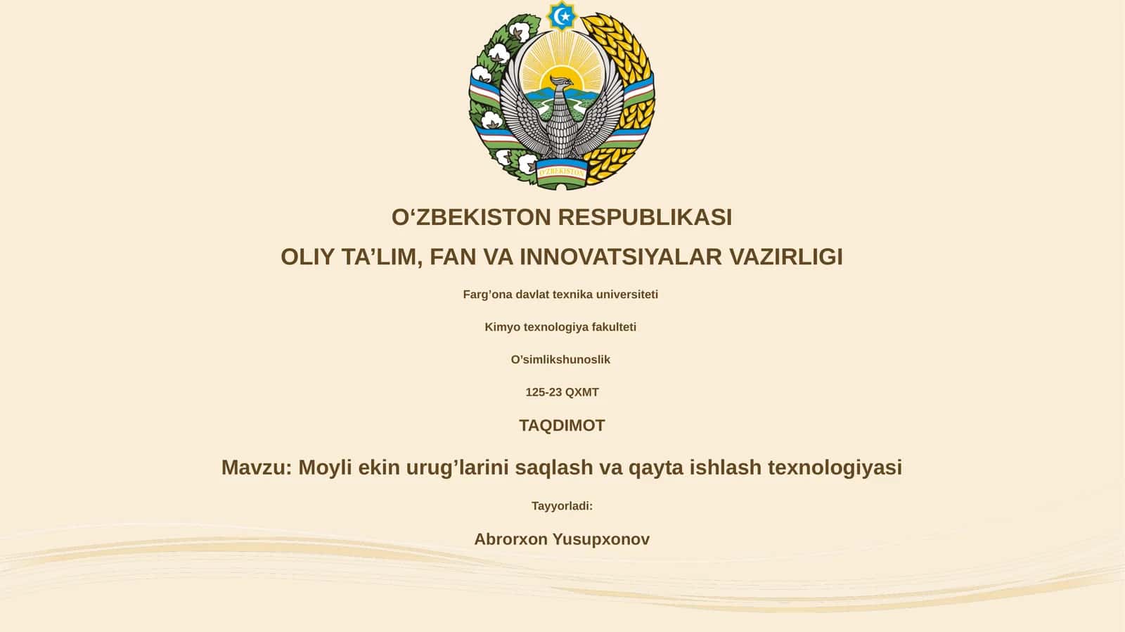 Moyli ekin urug’larini saqlash va qayta ishlash texnologiyasi