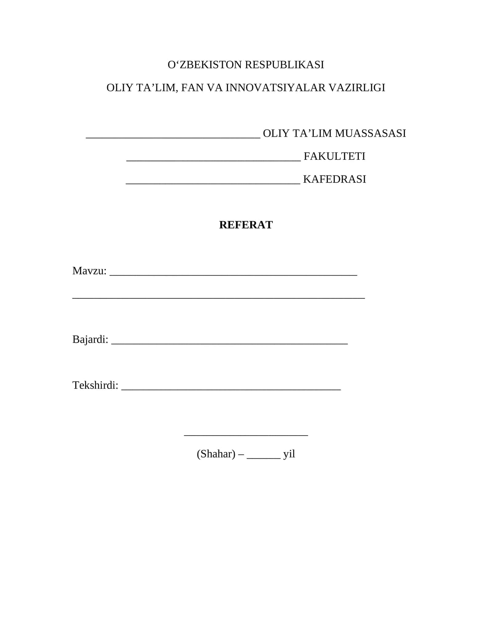 Referat titul varaqa (GOST) – Word (.docx) muqova shabloni