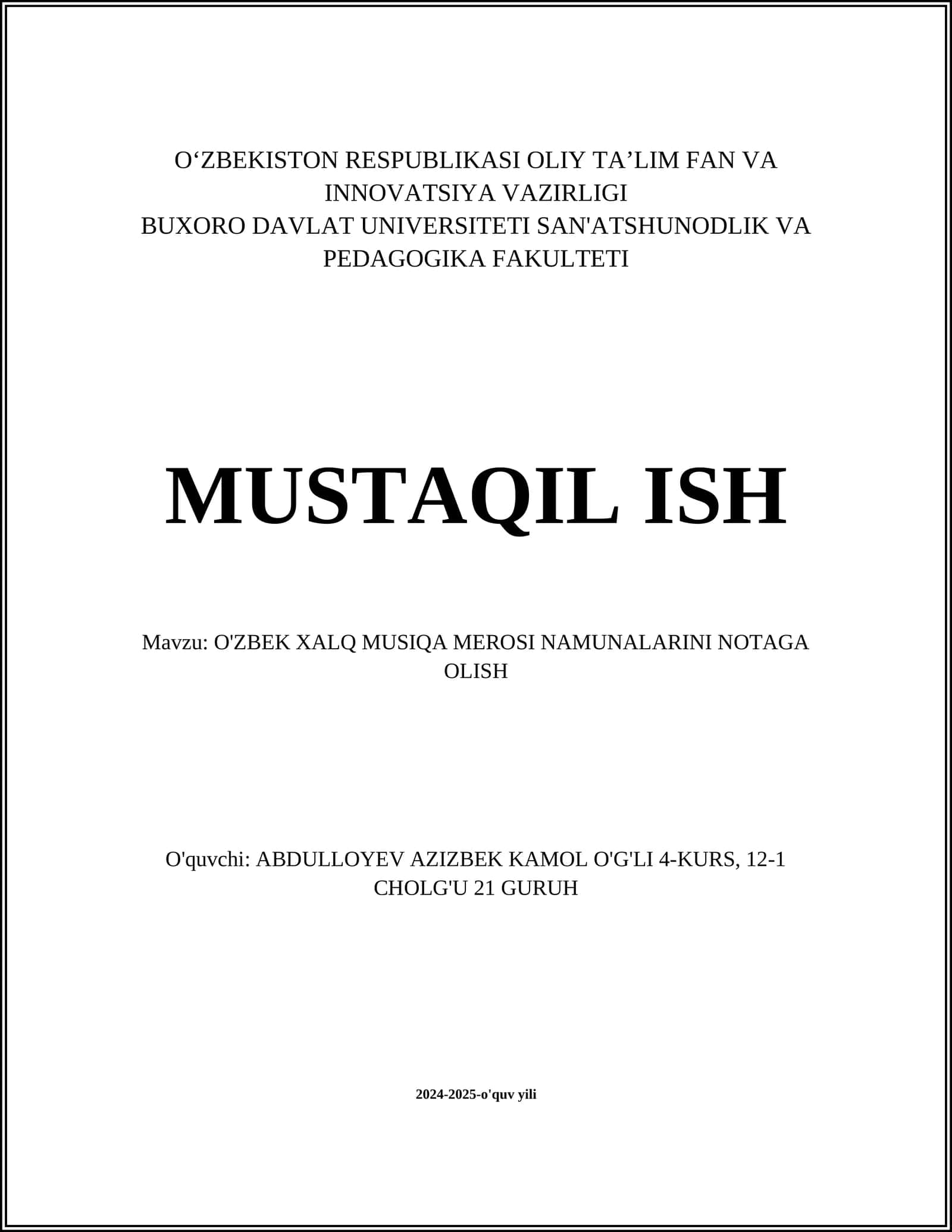 O'ZBEK XALQ MUSIQA MEROSI NAMUNALARINI NOTAGA OLISH