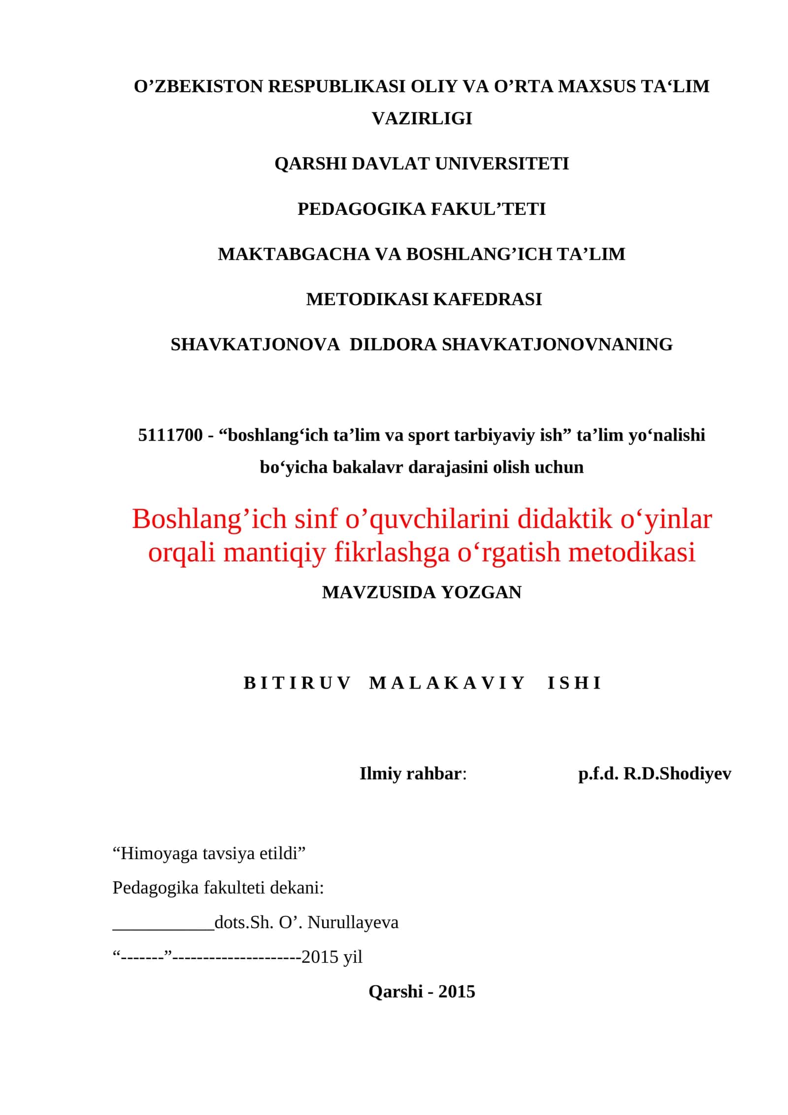 Boshlang‘ich ta’lim va sport tarbiyaviy ish ta’lim yo‘nalishi bo‘yicha bakalavr darajasini olish