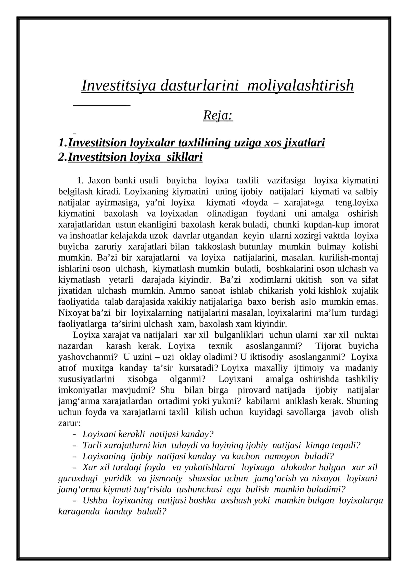 Investitsiya dasturlarini moliyalashtirish