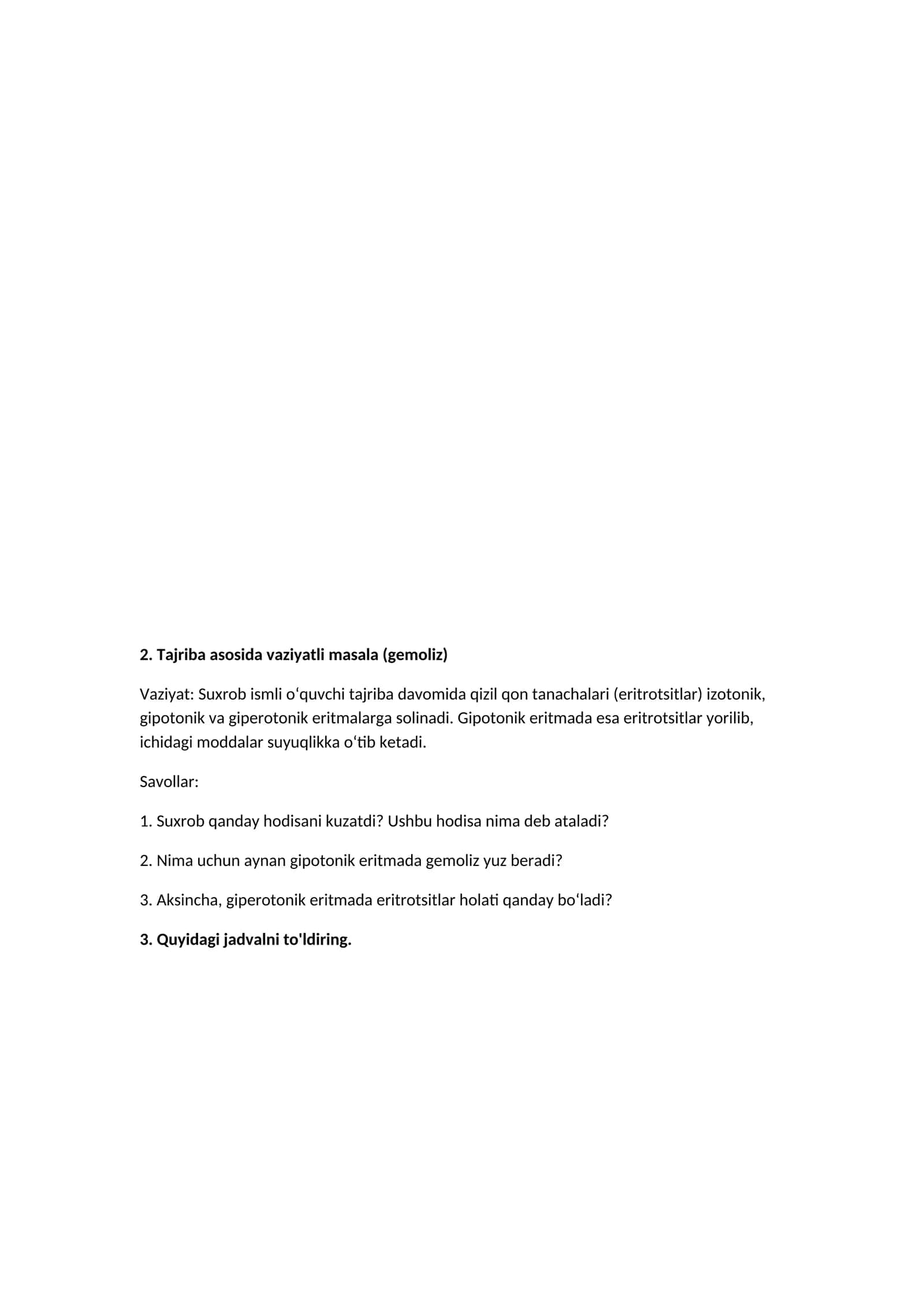 Tajriba asosida vaziyatli masala (gemoliz)