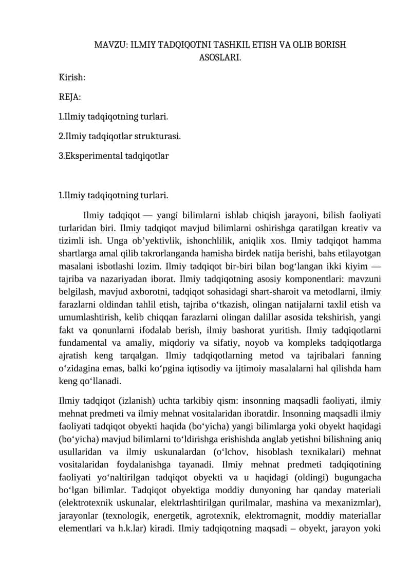 ILMIY TADQIQOTNI TASHKIL ETISH VA OLIB BORISH ASOSLARI