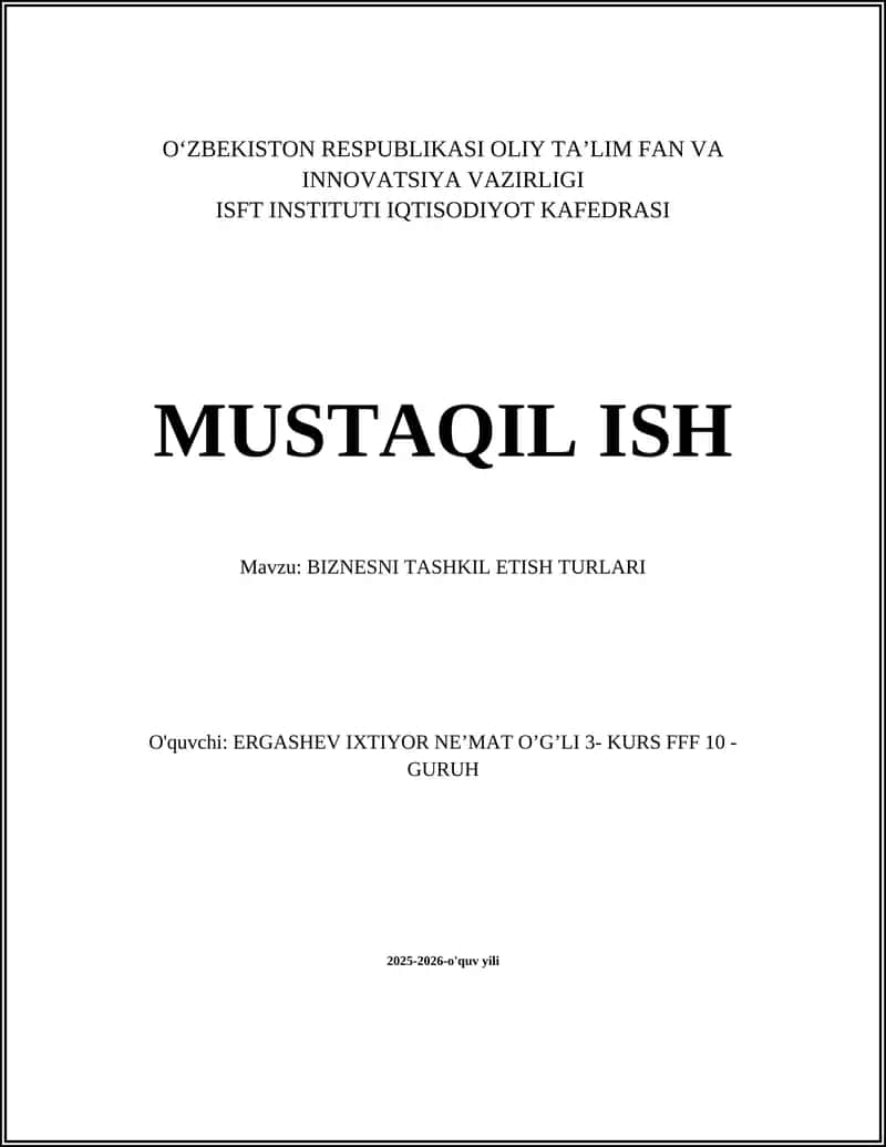 BIZNESNI TASHKIL ETISH TURLARI