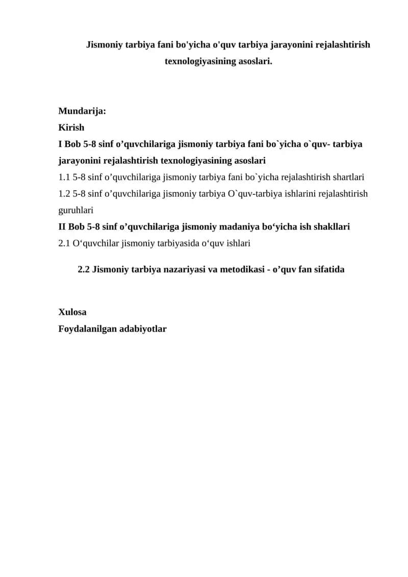 Jismoniy tarbiya fani bo'yicha o'quv tarbiya jarayonini rejalashtirish texnologiyasi