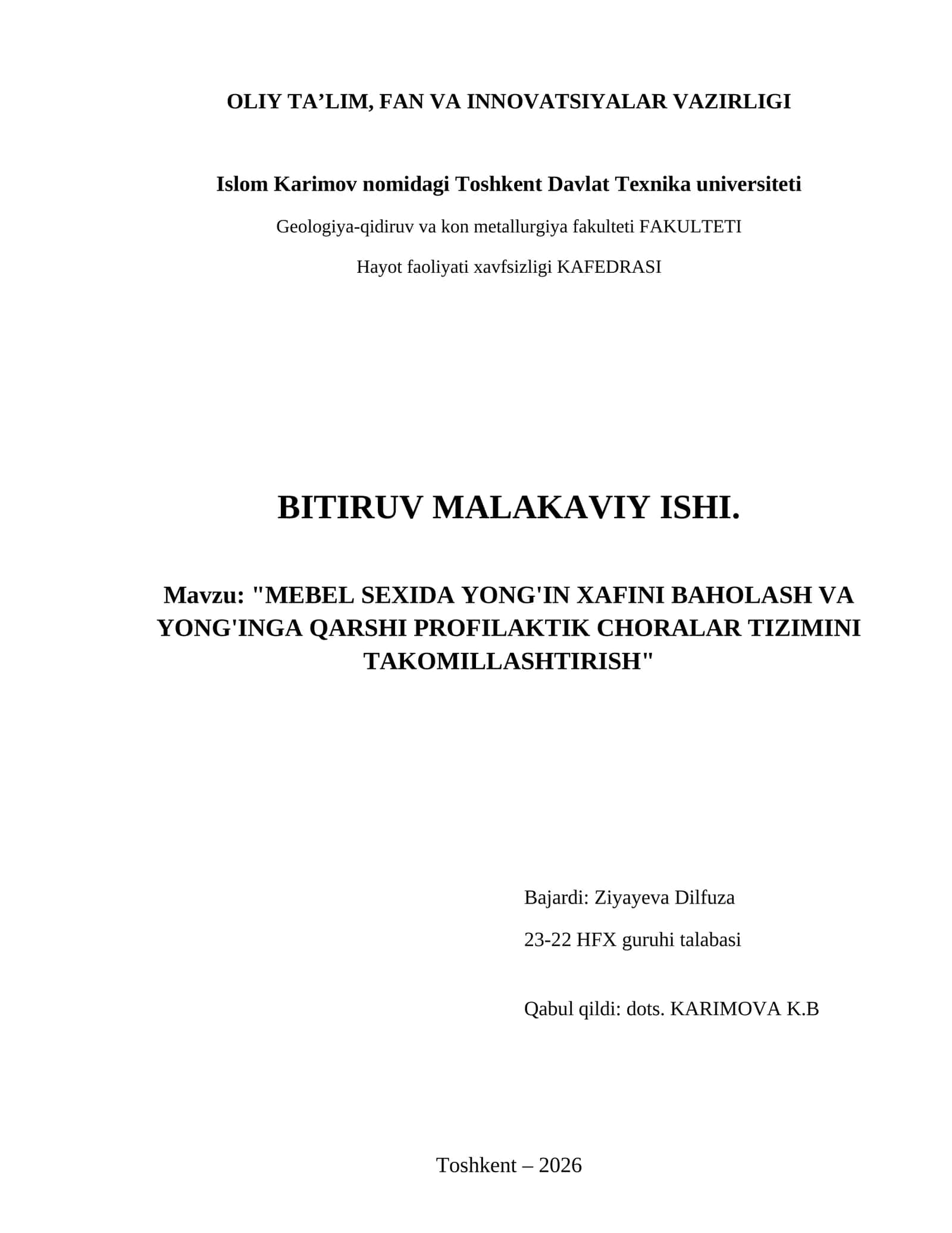 Mebel sexida yong'in xafini baholash va yong'inga qarshi profilaktik choralar tizimini takomillashtirish