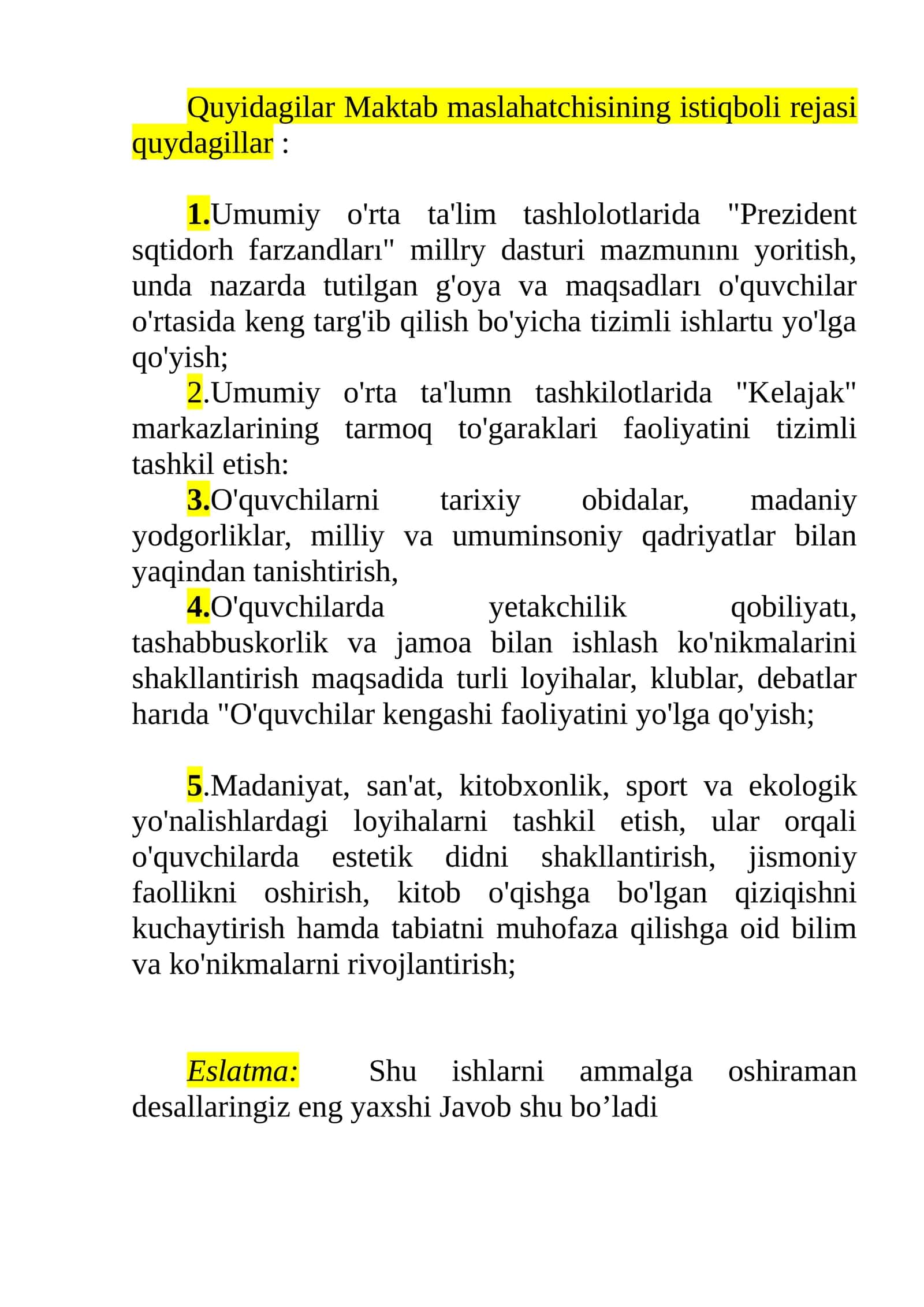 Maktab maslahatchisining istiqboli rejasi