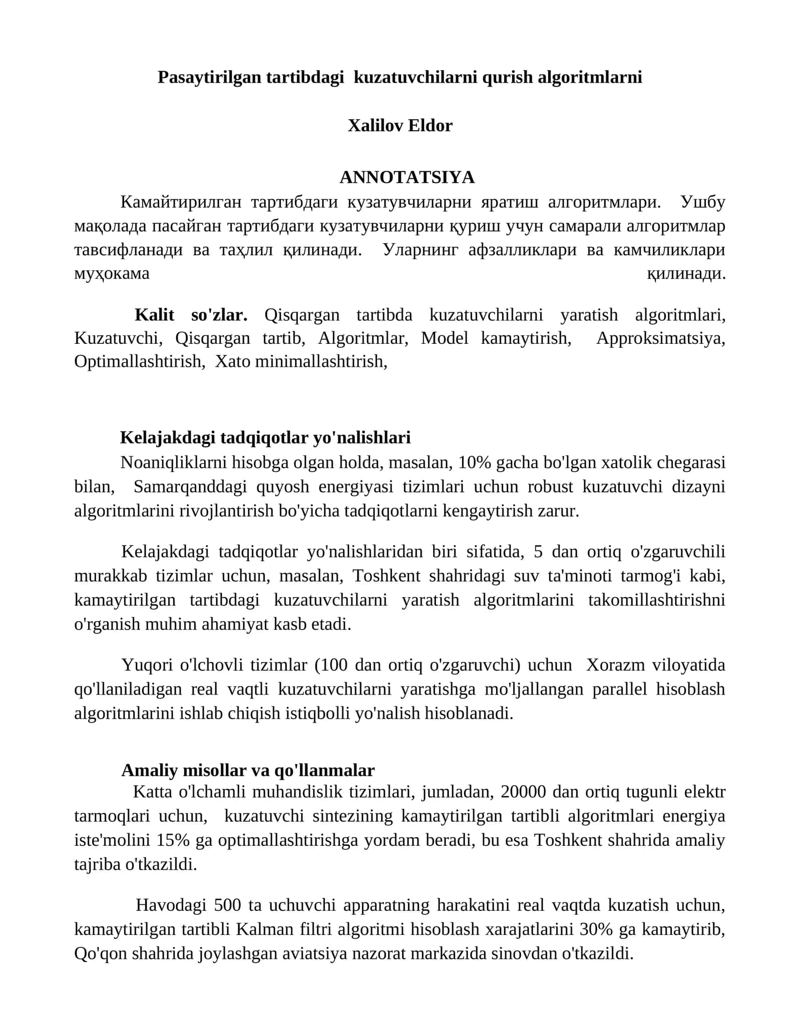 Kamaytirilgan tartibdagi kuzatuvchilarni qurish algoritmlari