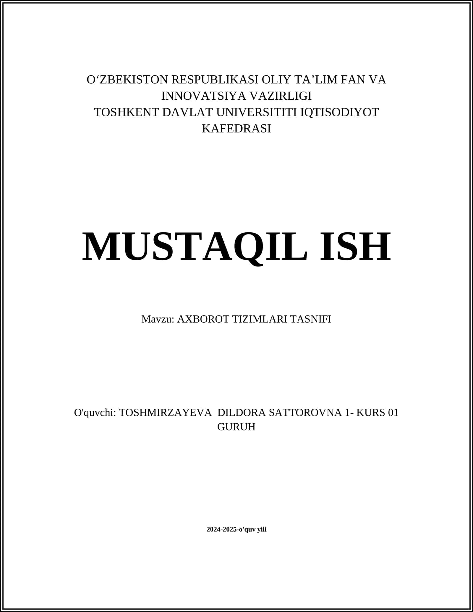 AXBOROT TIZIMLARI TASNIFI