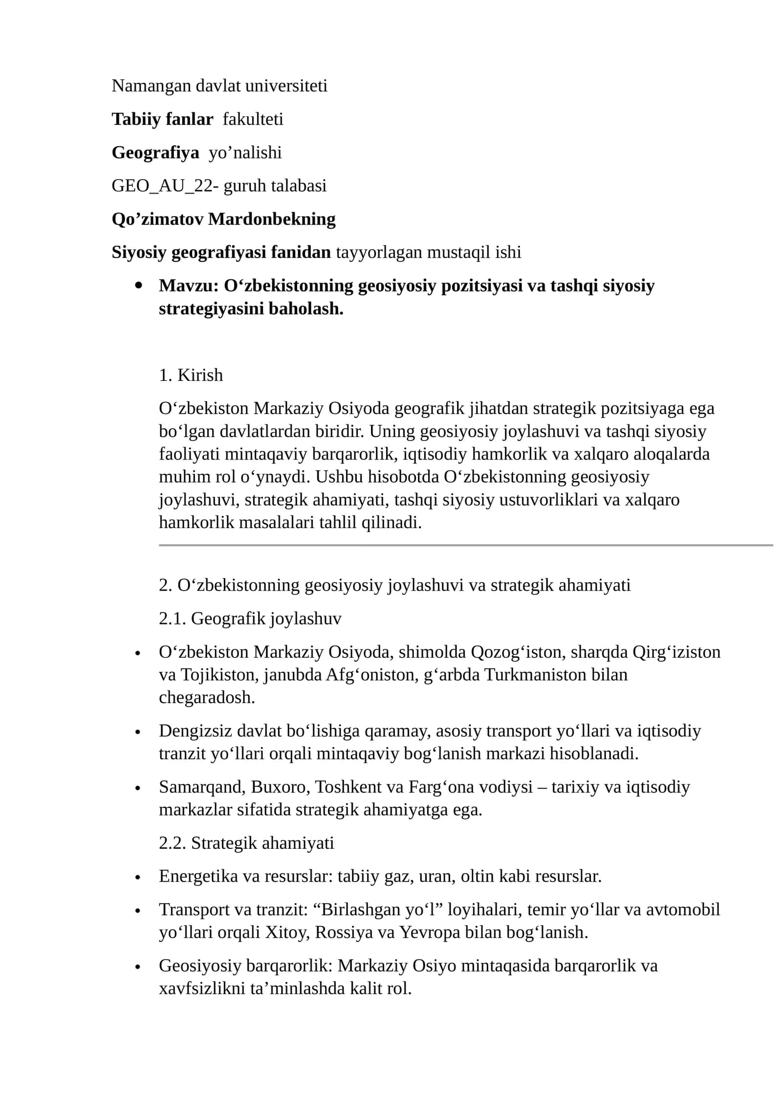 Siyosiy geografiyasi fanidan mustaqil ish