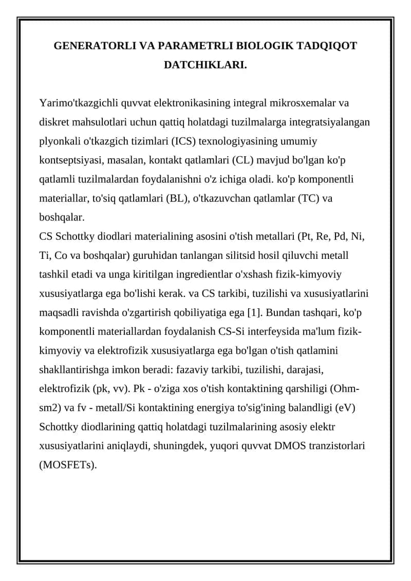 GENERATORLI VA PARAMETRLI BIOLOGIK TADQIQOT DATCHIKLARI