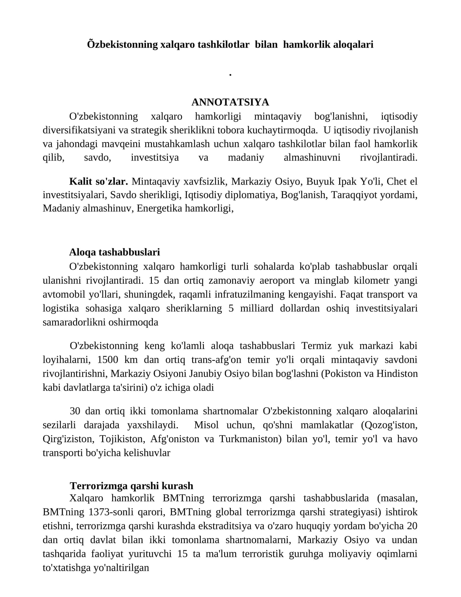 O'zbekiston xalqaro hamkorligi