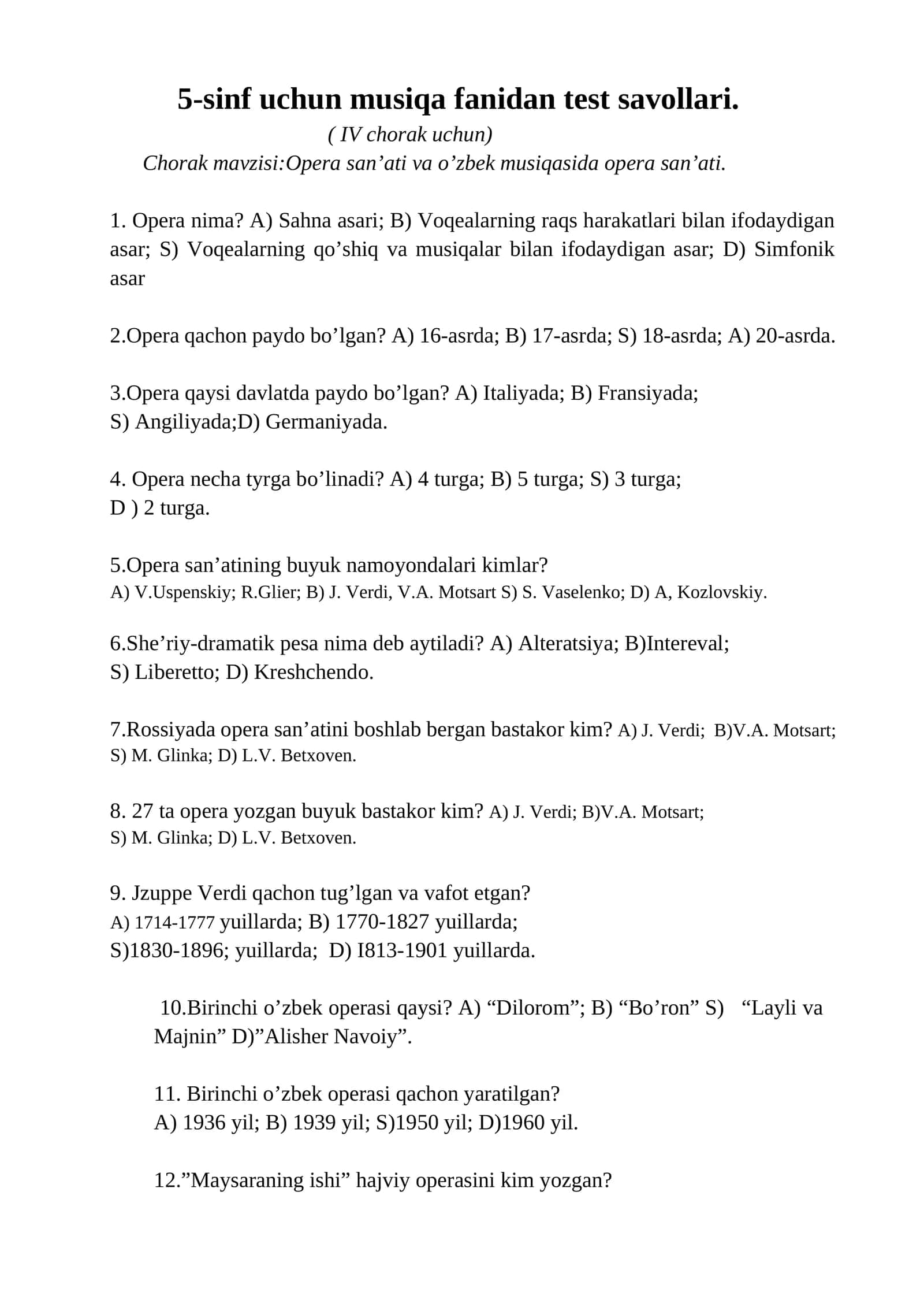 5-sinf uchun musiqa fanidan test savollari