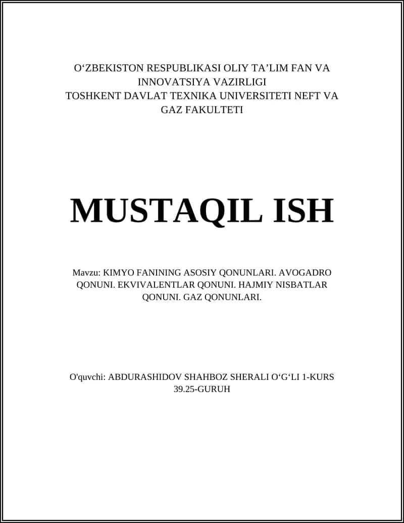 Kimyo Fanining Asosiy Qonunlari