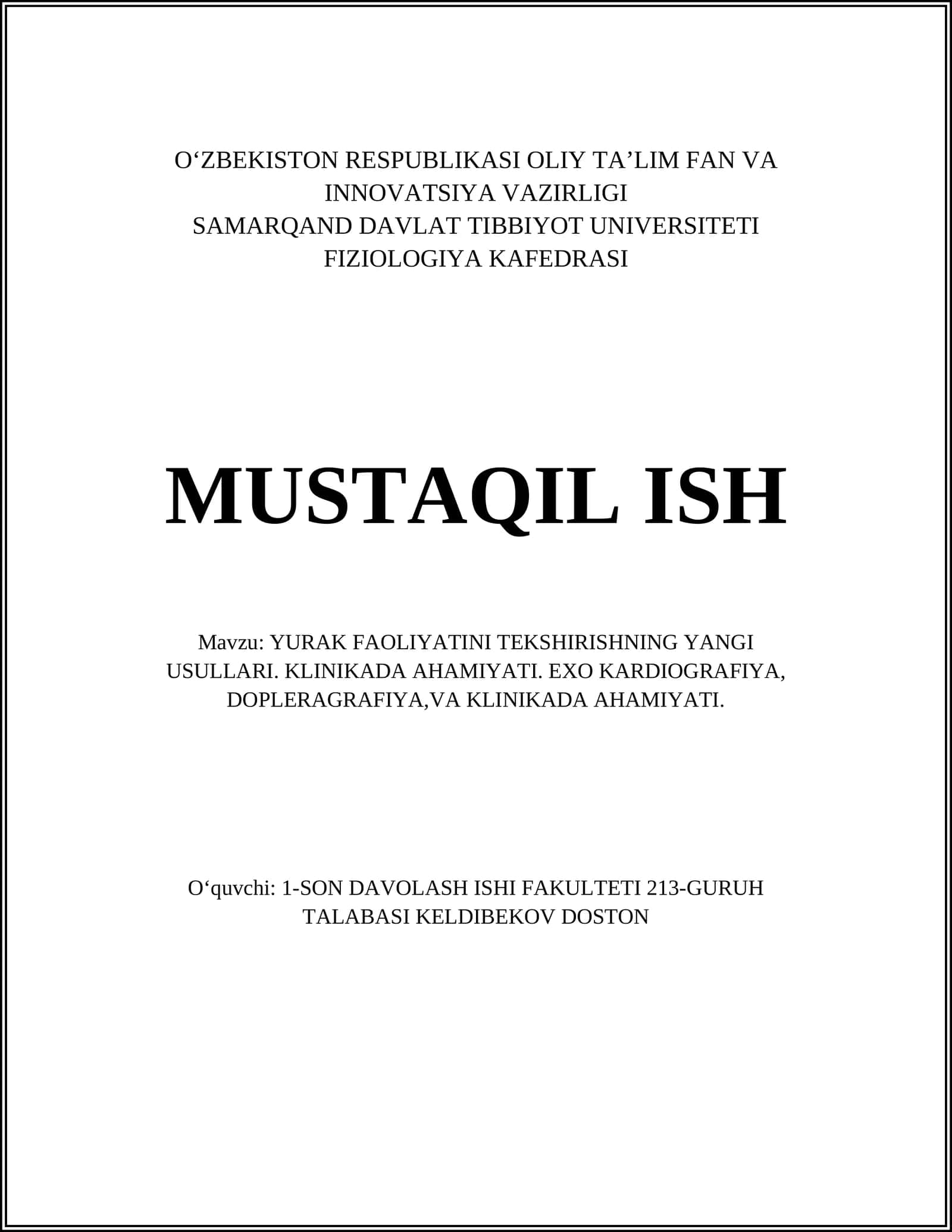 YURAK FAOLIYATINI TEKSHIRISHNING YANGI USULLARI
