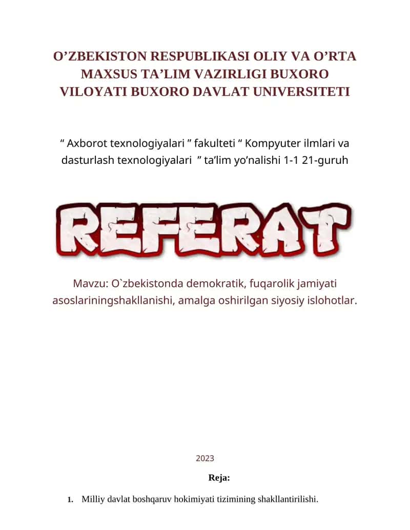 O`zbekistonda demokratik, fuqarolik jamiyati asoslariningshakllanishi, amalga oshirilgan siyosiy islohotlar