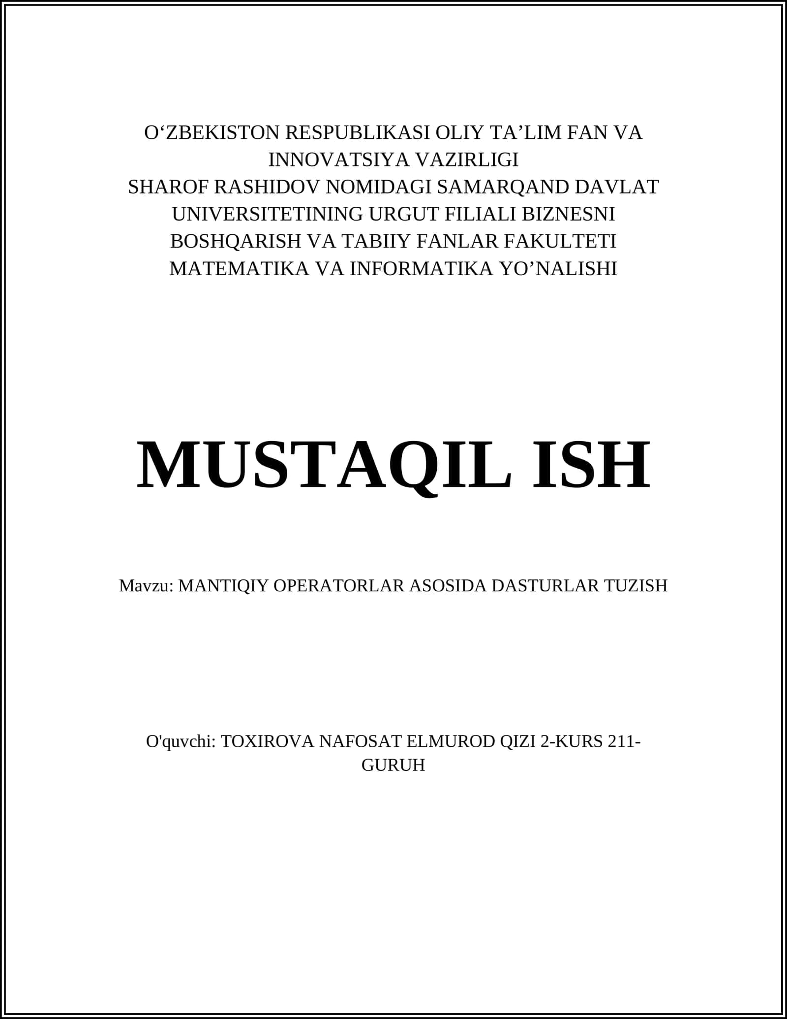 MANTIQIY OPERATORLAR ASOSIDA DASTURLAR TUZISH