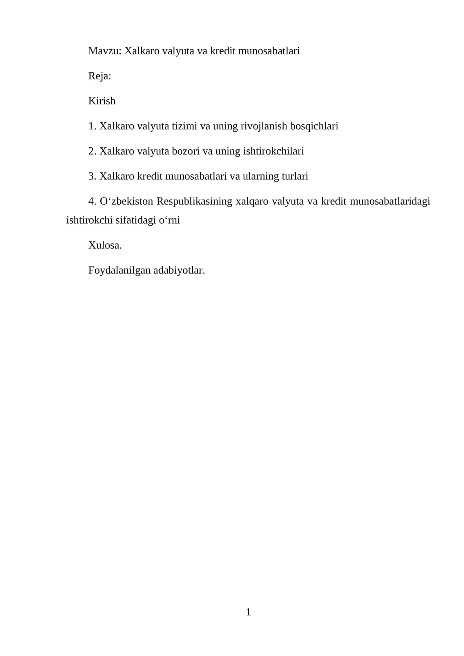 Xalkaro valyuta va kredit munosabatlari
