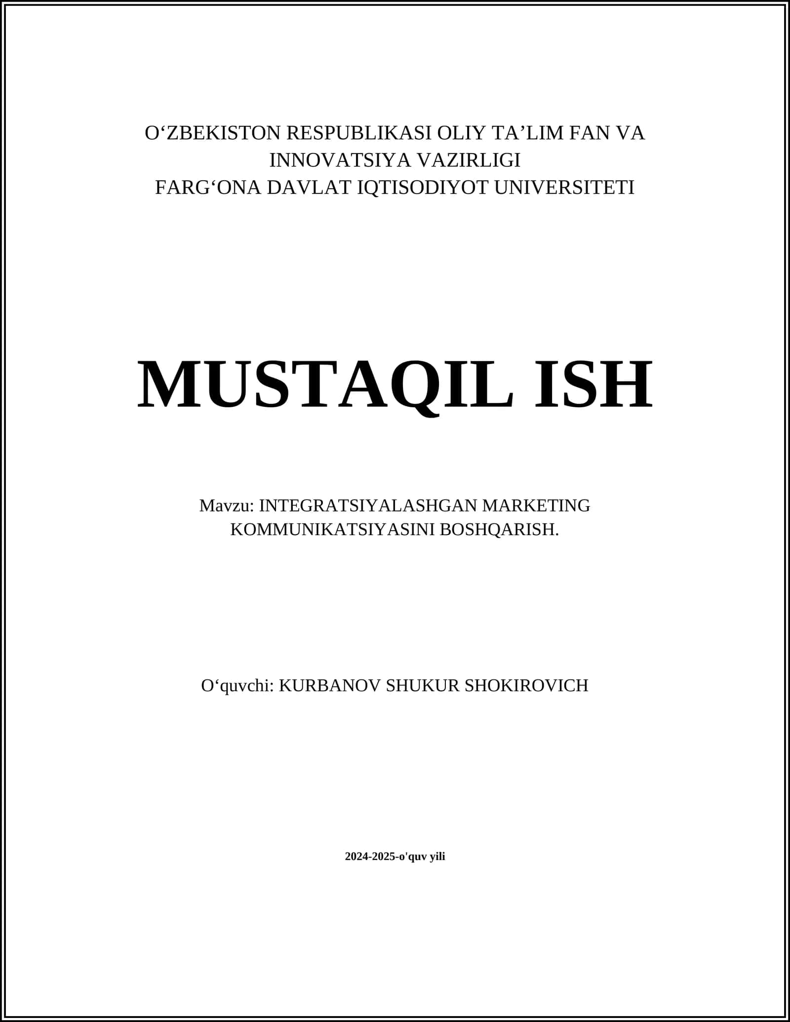 INTEGRATSIYALASHGAN MARKETING KOMMUNIKATSIYASINI BOSHQARISH
