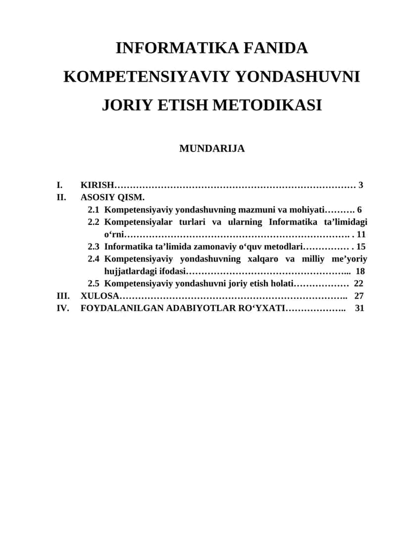 Informatika fanida kompetensiyaviy yondashuvni joriy etish metodikasi