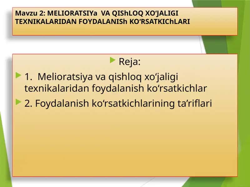 MELIORATSIYa VA QIShLOQ XO‘JALIGI TEXNIKALARIDAN FOYDALANIShKO‘RSATKIChLARI