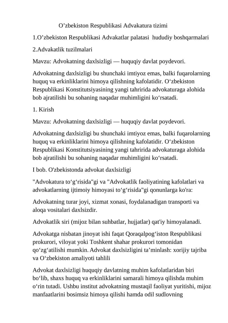 Advokatning daxlsizligi - huquqiy davlat poydevori