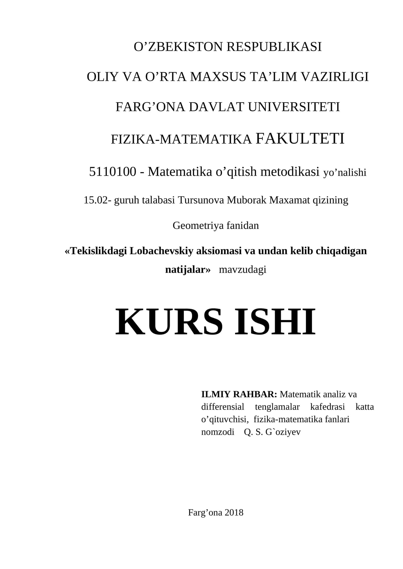 Tekislikdagi Lobachevskiy aksiomasi va undan kelib chiqadigan natijalar